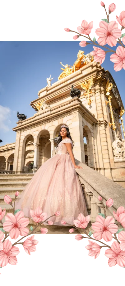 Victoria con vestido de quinceañera frente a un edificio monumental